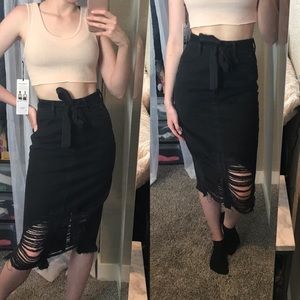 Zara Black Distressed Denim Midi Skirt